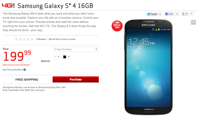 Verizon Samsung Galaxy S4 Available for Pre-Order, Starting at $199