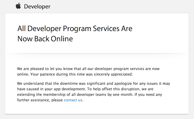 Apple Developer Center Back Online, Developers Awarded One Free Month