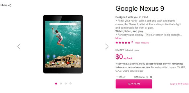 Nexus 9 LTE Available at T-Mobile for $600