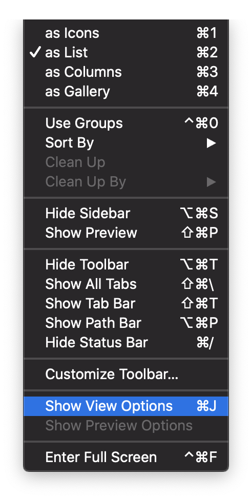 Show view options Finder
