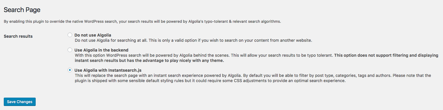Algolia plugin search page preferences.