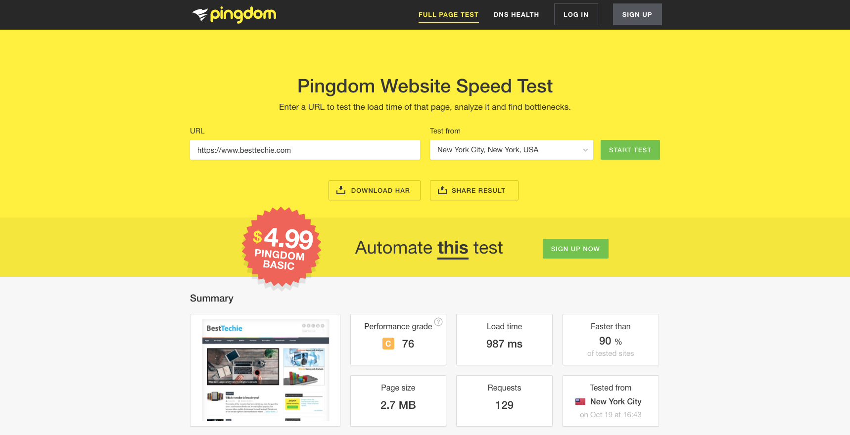 Results from Pingdom for BestTechie.