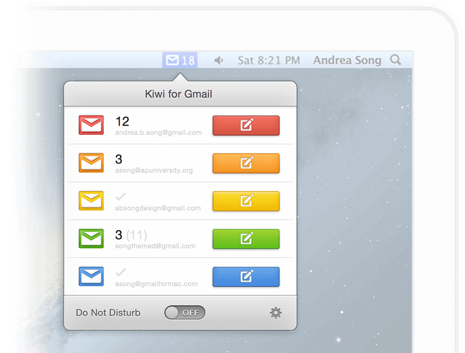 Kiwi for Gmail menubar.
